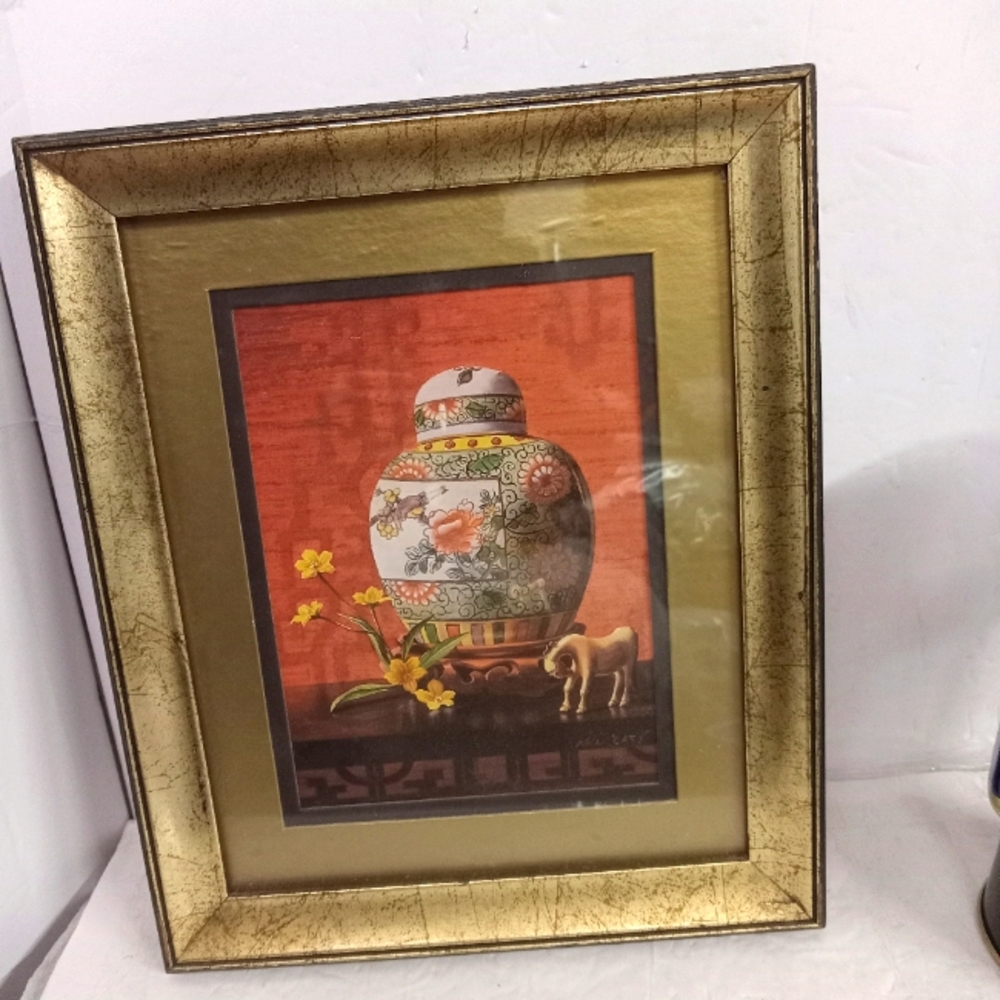 Vintage Framed Art Chinese Pottery Satsuma  Signed 8x10"